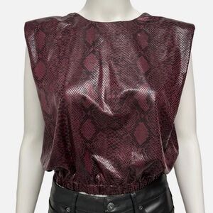 TCEC Women's Sleeveless Faux Leather Burgundy Snake Print Crop Blouse Size Small